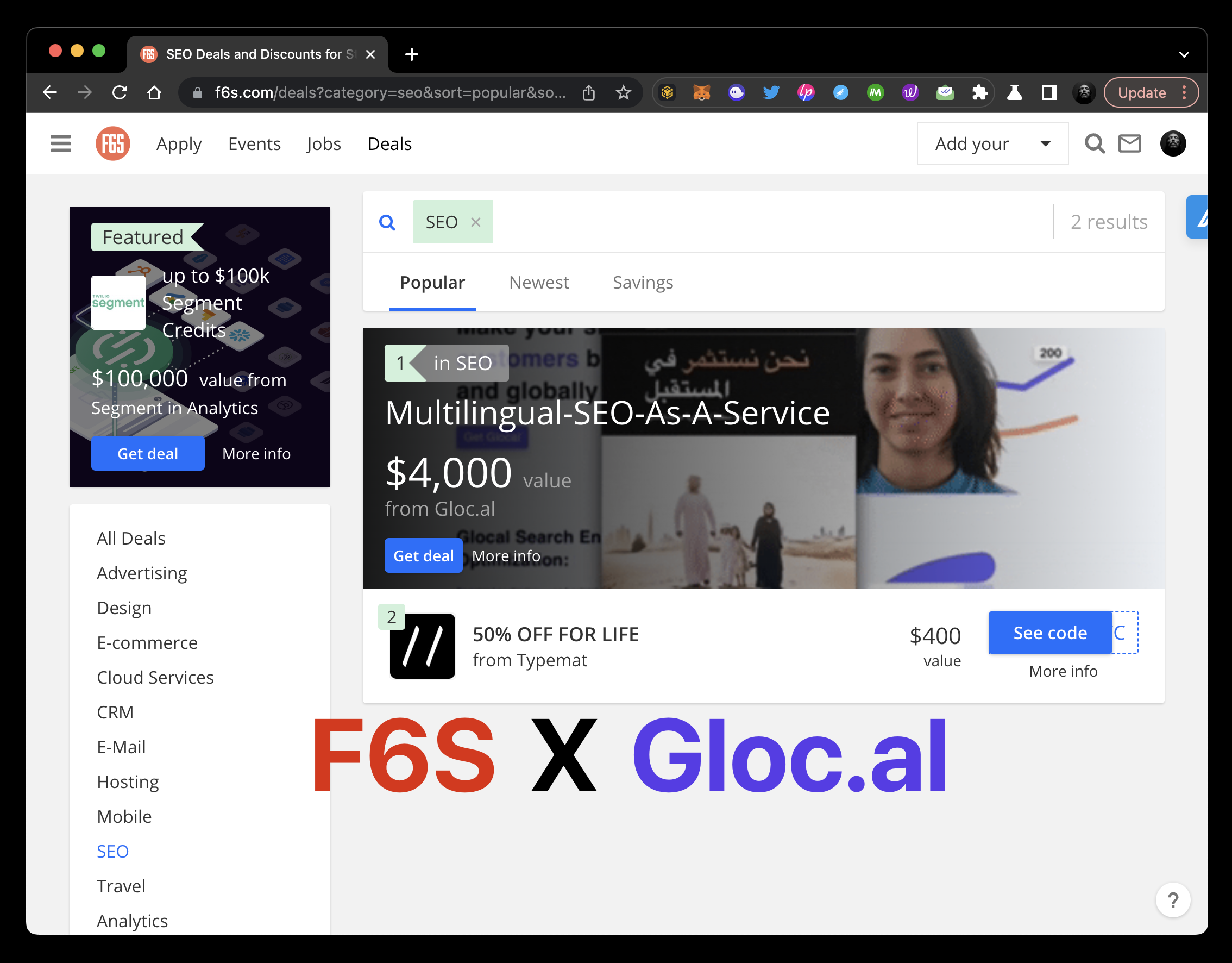 F6S global community that delivers billions in growth to startups listed Gloc.al ONE as #1 SEO Tool